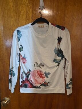 White Floral Sweatshirt with Pink Rose Print